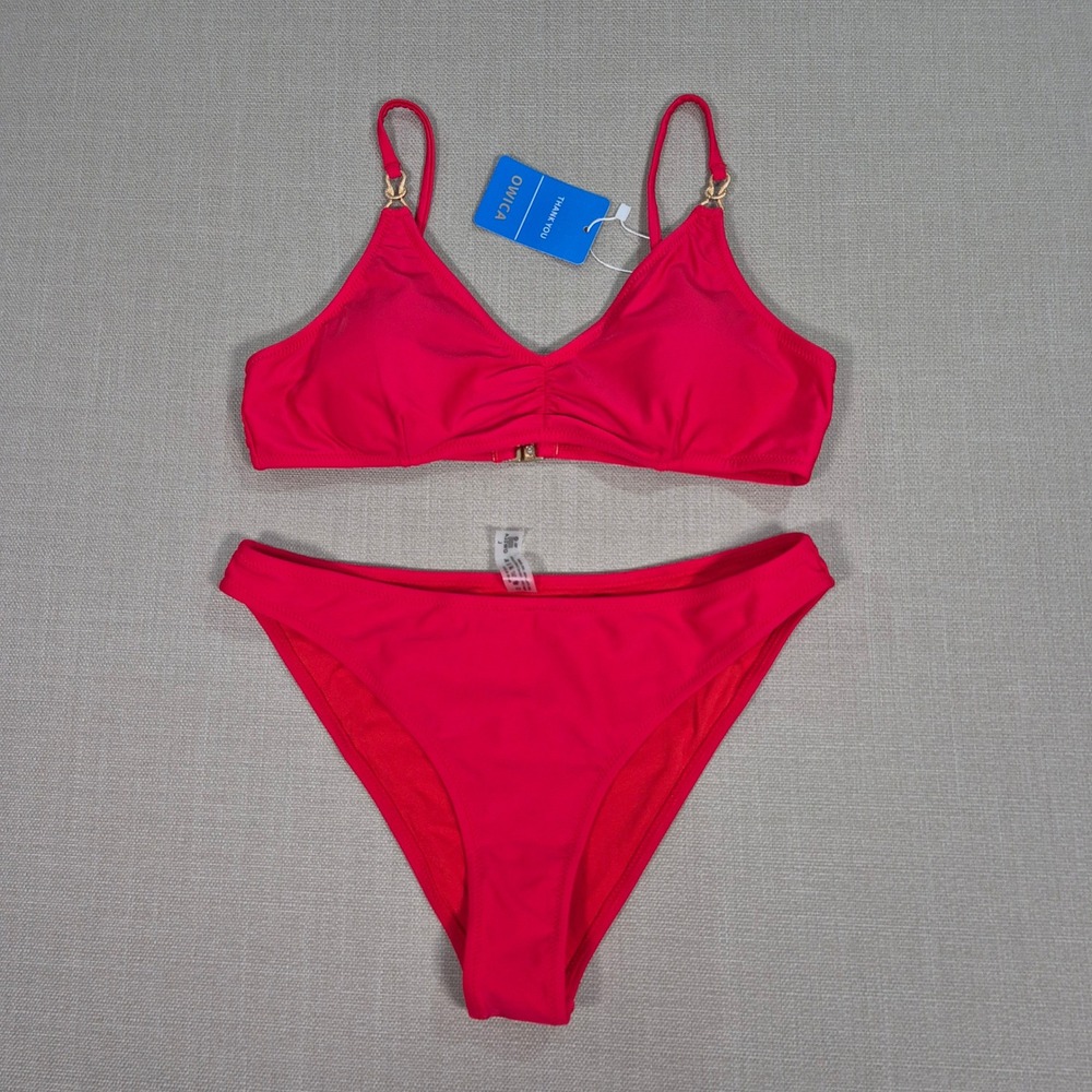 Owica Womens Red Two Piece Bikini Set Gold Hardware Size L New With Tags